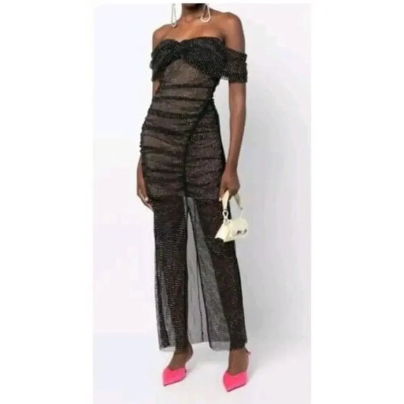 SELF-PORTRAIT Embellished Mesh Off-shoulder Black Dress Gown Cocktail Sz 0 - Picture 10 of 16